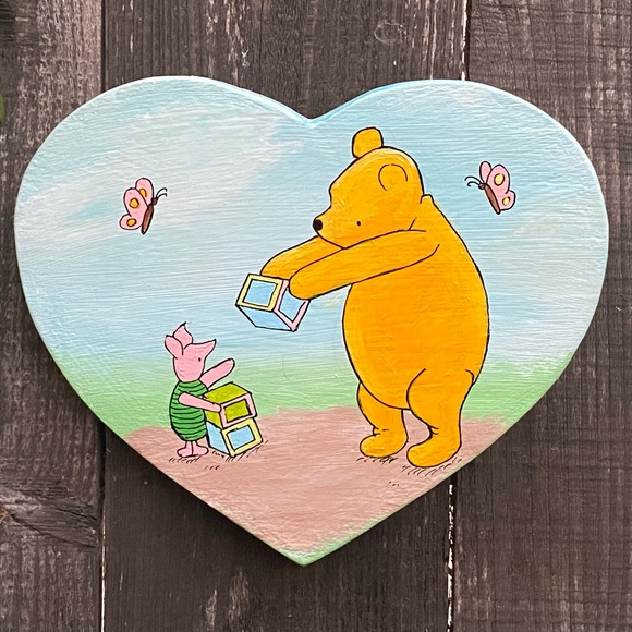 Nursery Winnie The Pooh and Piglet Playing Hand Made Acrylic Painting on Wood - Picture 5 of 8